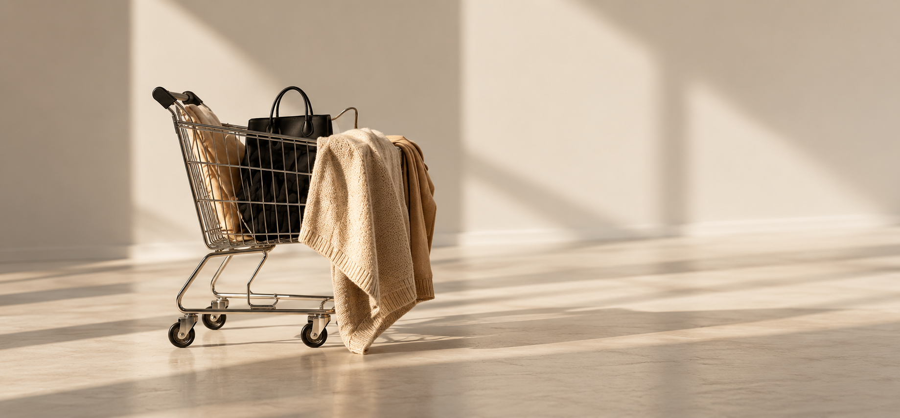 Carrito abandonado con prendas de moda en una sala vacía con luz natural